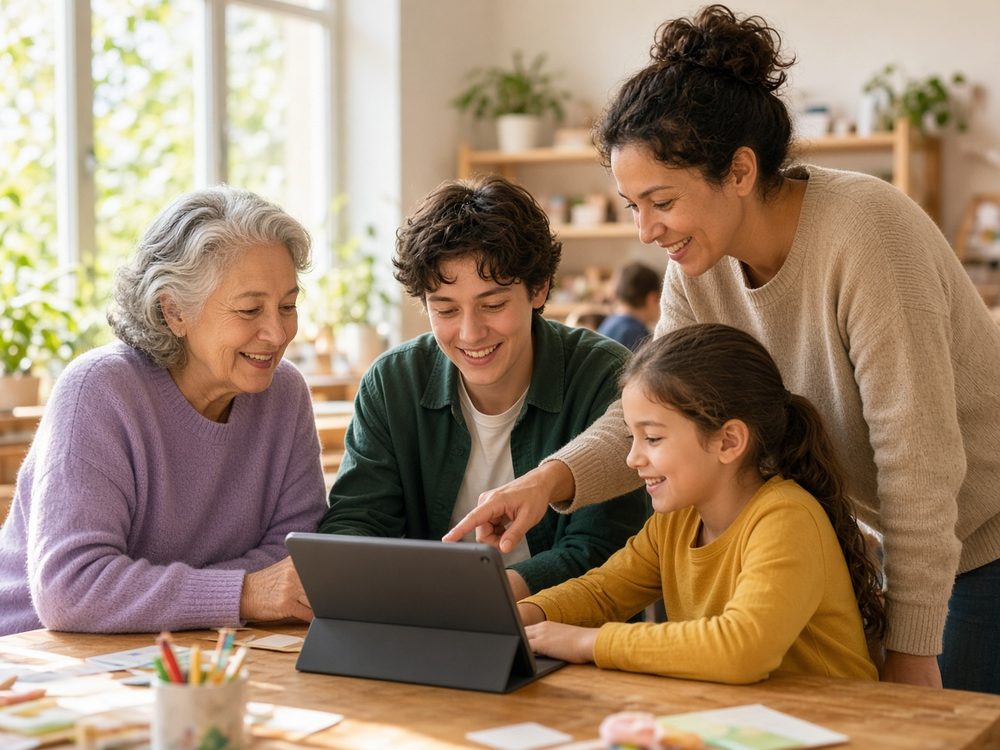 A grandmother, a young adult, and a child look at a tablet together while an instructor points at the screen.