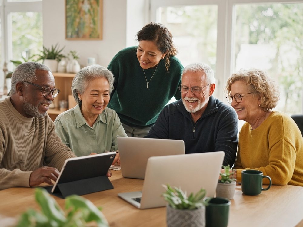 Five smiling older adults gather around laptops and a tablet while a friendly instructor leans in to help.