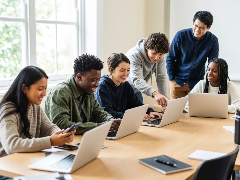 A diverse group of young adults work on laptops and phones at a long table while an instructor helps.